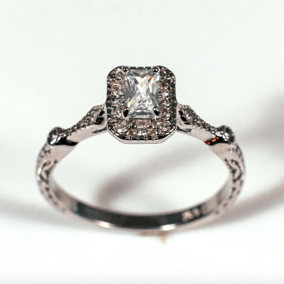 Jewelry - Vintage Halo Radiant Cut Sterling Silver Cubic Zirconia Ring Size 7
